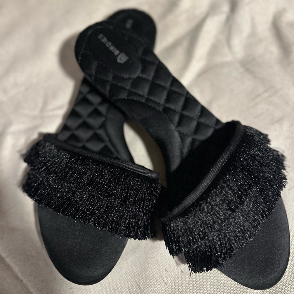 Birdies Black Quilted Fringe Slides